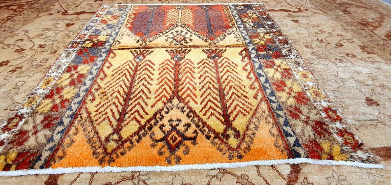 Primitive Antique Cr1900-1939s Multi-Colored Wool Pile Tribal Area Rug 5x5ft gallery