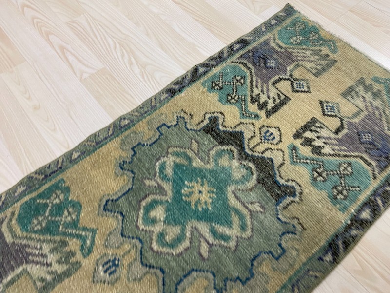 Antique Turkish Rug 1.5x3.3 ft Vintage Muted Green Purple Carpet Wool Boho Mat gallery