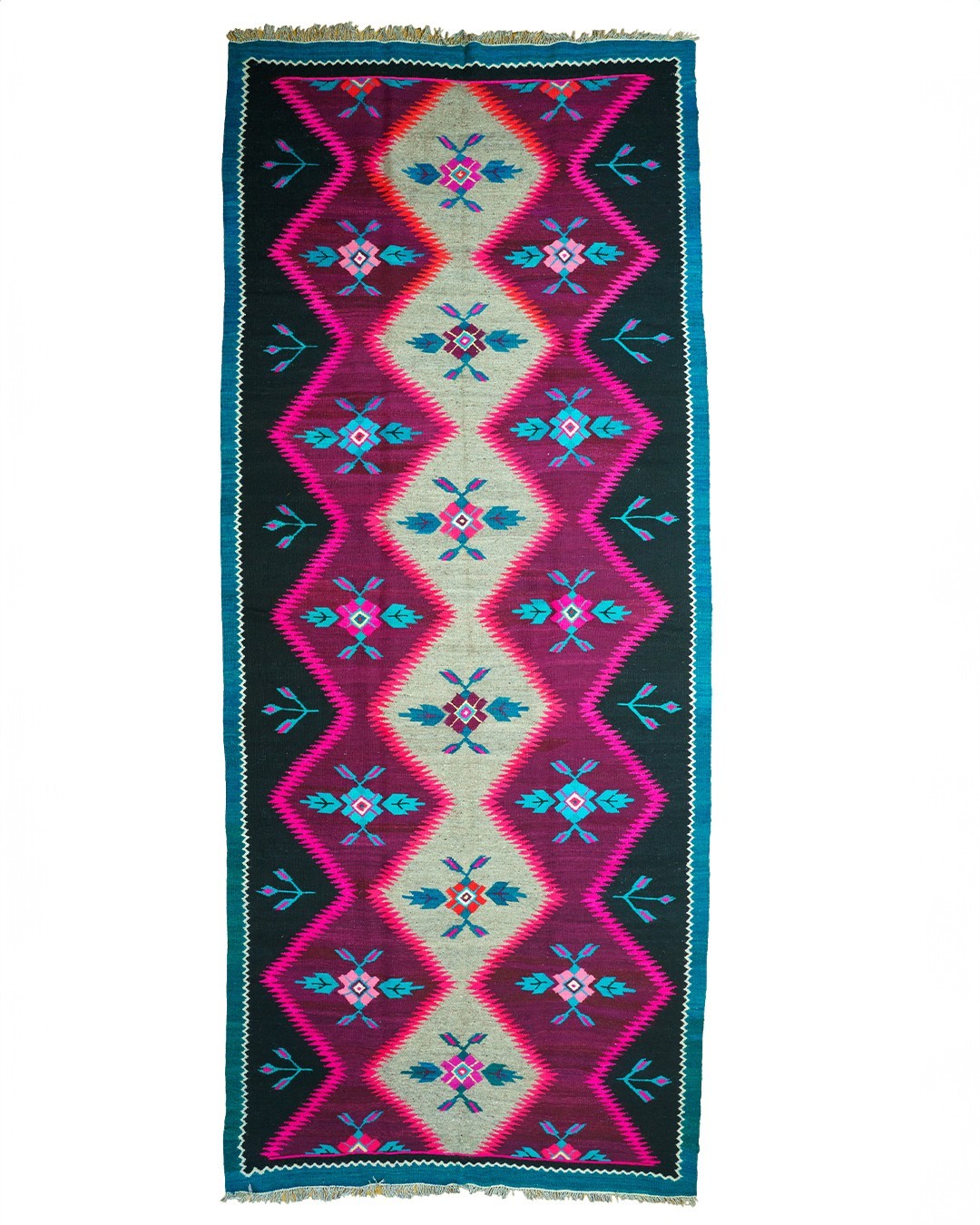 Oltenian Kilim Runner 100% Wool Geometric Purple Teal Pink 1970s Romania 13x6ft gallery