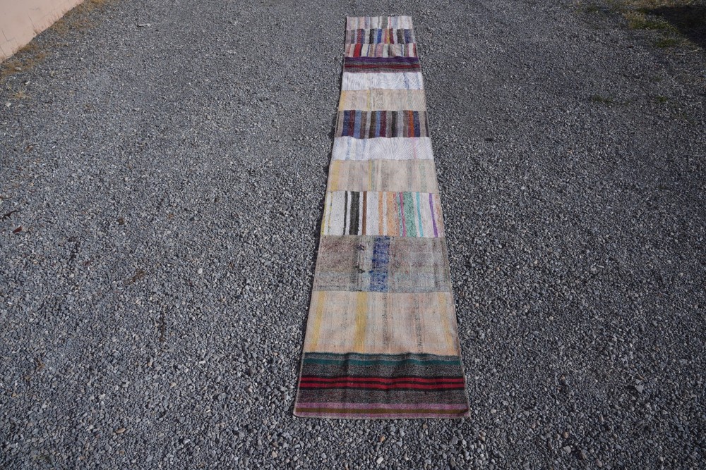 Vintage Turkish Kilim Runner Rug 3x19 ft Neutral Handmade Extra Long Carpet 826