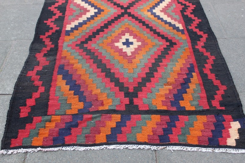 Vintage Traditional Hand Made Oriental Wool Red Green Kilim 330x124cm gallery