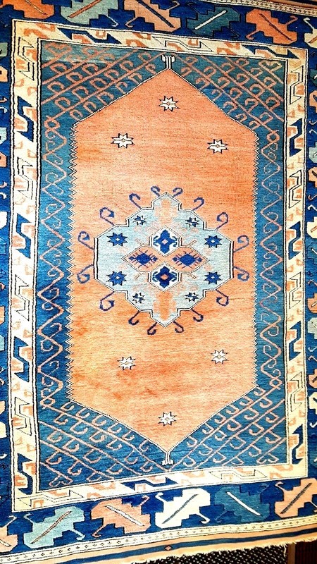 Vintage Turkish Oriental Rug (75 x 66 inches) PEACH and BLUE or 5'5 x 6'3 vgc gallery