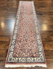 Indian Runner Rug 2.6 x 10 Vintage Wool Handmade Pink Ivory Floral Allover
