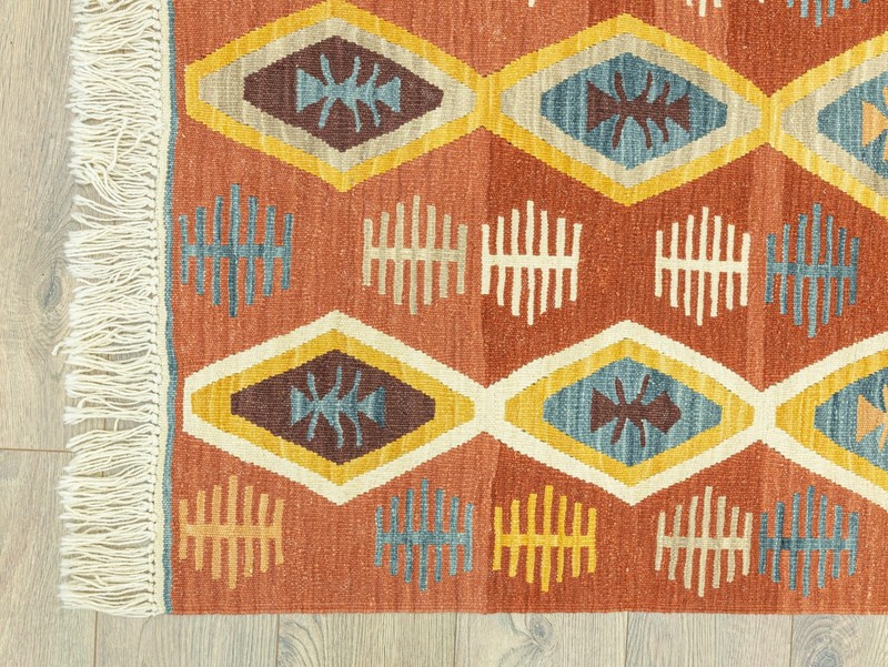 Handwoven Turkish Kilim Rug 3.9x5.5 ft Terracotta Tribal Wool – Designer Home gallery