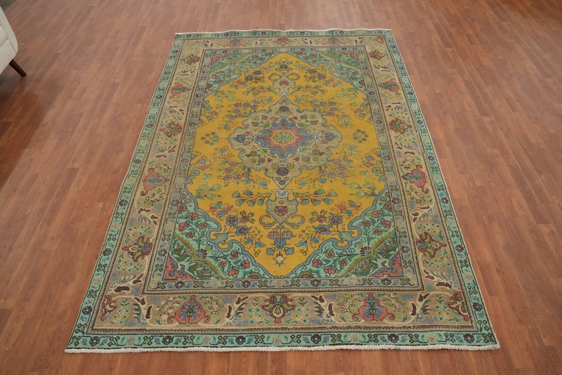 Traditional Wool Hand-knotted Room Size Rug Gold Over-Dyed Vintage Carpet 7x10 gallery