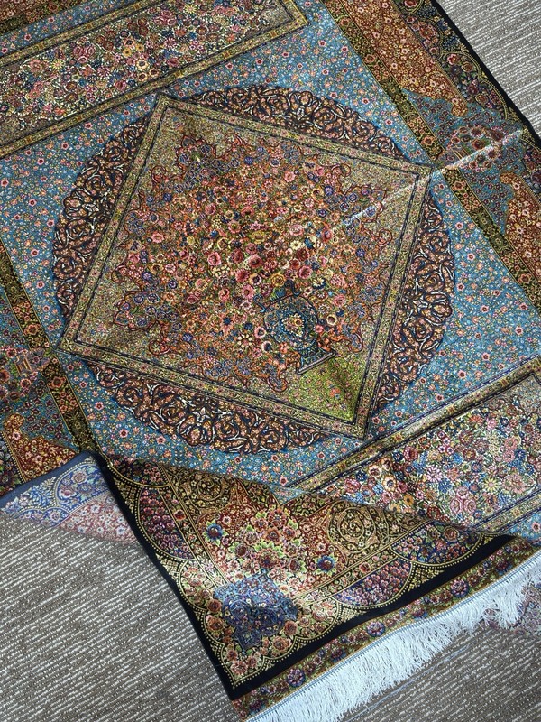 Luxury Bamboo Silk Pers,ian Rug 1.50x2.25m Turquoise Medallion Floral Carpet gallery