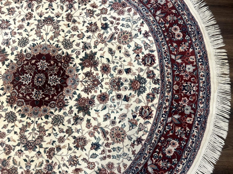 Round Sino Per'sian Rug 8x8, Wool and Silk, Floral Medallion, Ivory Dark Red gallery