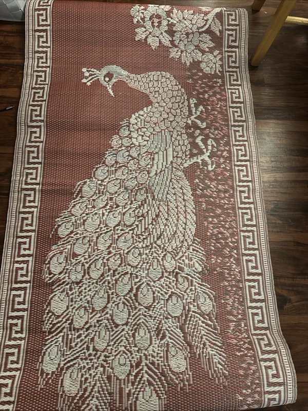 Vintage Reversible Woven Plastic Peacock Mat Rug Tapestry gallery