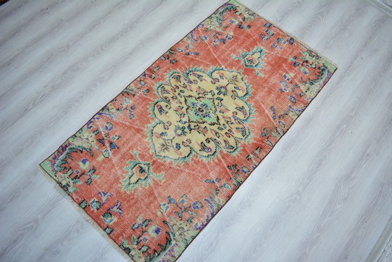Red Turkish Vintage Rug, 3x5.7ft, Antique Red Faded Medallion Handmade Rug, gallery