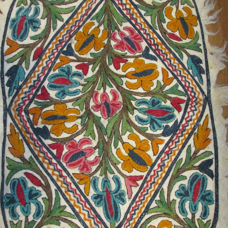 Vintage Kashmiri felt embroidered Namda rug, multi floral rectangle 34"x23" New gallery