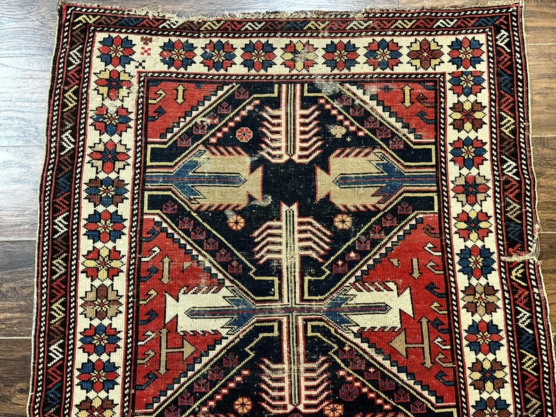 Antique Shirvan Caucasian Rug 3x5, Geometric Pattern, Red Navy Blue Beige gallery