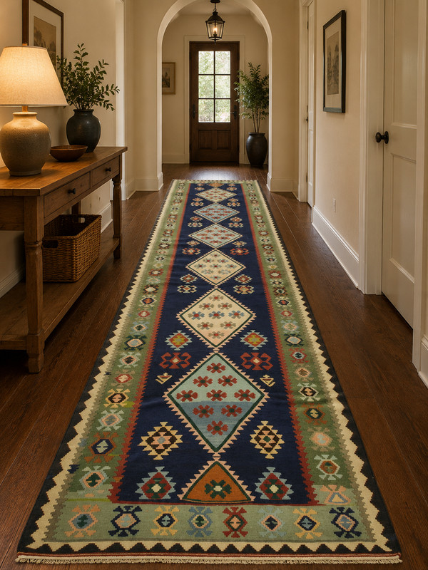 OLD,ANTIQUE VEGY DYE CAUCASIAN KILIM FLAT WOVEN RUG 5'4" x 14'5" RARE SIZE gallery