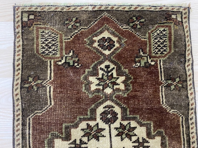 Antique Turkish Rug 1.3x2.5 ft Vintage Brown Cream Star Medallion Wool Boho Mat gallery