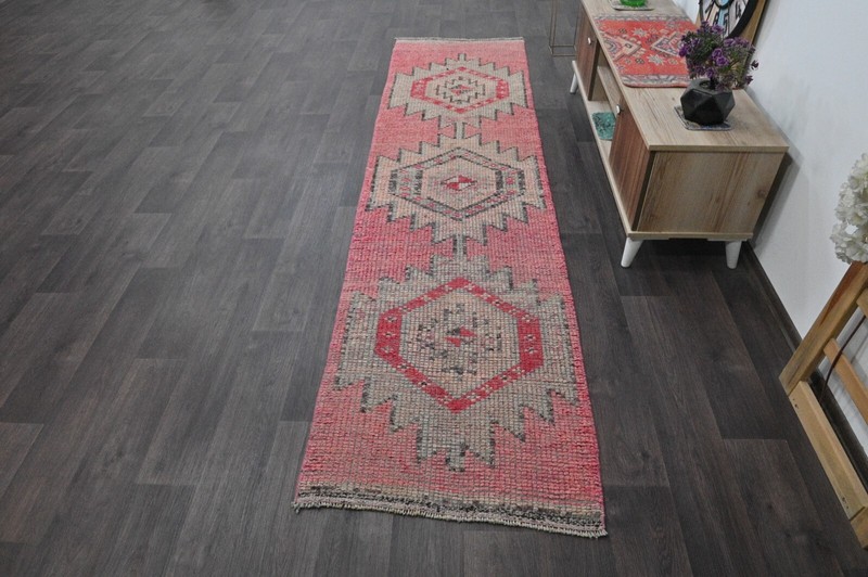 Vintage Turkish Runner Rug 2x10ft PINK Handmade Anatolian Oushak Hallway Wool gallery
