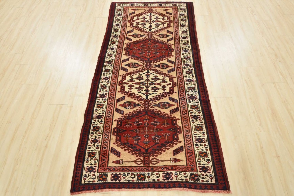 Vintage Tribal Oriental Runner 3’8” x 7’9” Beige Wool Hand-Knotted Area Rug