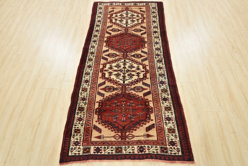 Vintage Tribal Oriental Runner 3’8” x 7’9” Beige Wool Hand-Knotted Area Rug gallery