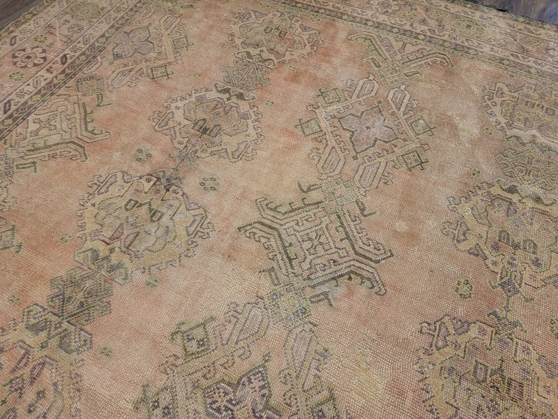 ANTIQUE handwoven Turkish Oushak 11'5"x14ft soft colors circa 1920s gallery