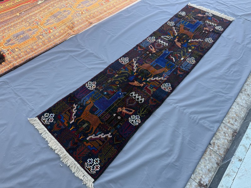 Blue Vintage Afghan Pictorial Runner Rug 2x9 Handmade Persian Style Tribal Rug gallery