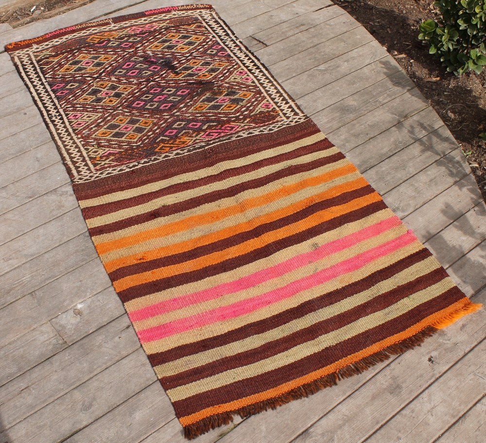 Turkish Kilim Rug 29''x61'' Oriental Vintage Rug Kars Cicim Kilim Wool 74x156cm