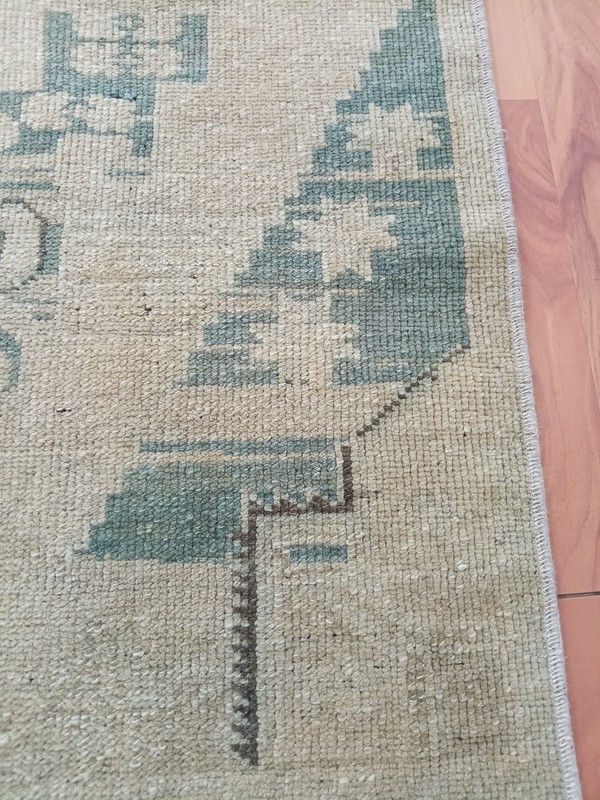 Beige Green Runner Geometric Rug Anatolian Oushak Faded Rug Handmade Rare Rug gallery