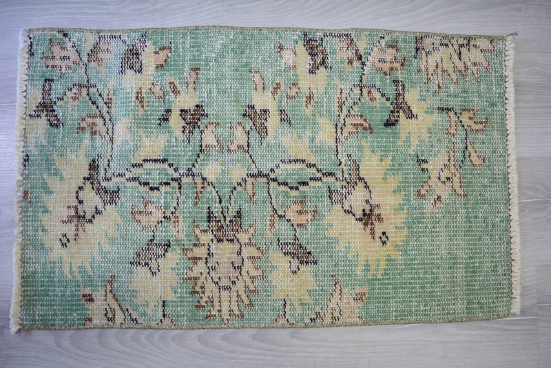 Green Antique Handmade Rug, 1.6x2.7ft, Turkish Floral Rug, Vintage Door Mat, gallery