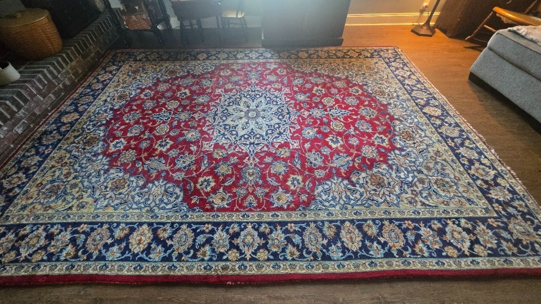 Very old 7'11" x 11'2" Persian Ispahan Rug, Hand-Knotted, blue & burgandy Wool gallery