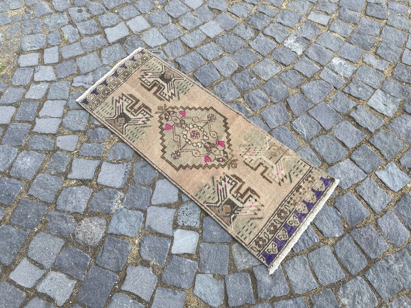 Vintage Turkish Rug, Hand-Knotted Wool, Sand Beige Tribal Small Runner Doormat gallery