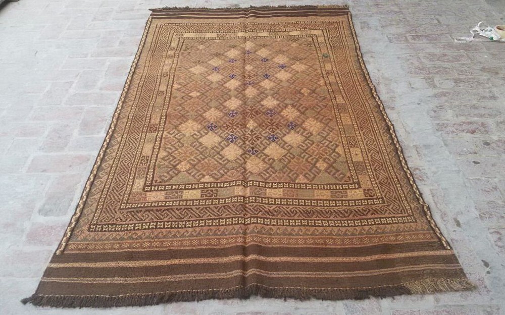 Antique Faded Afghan Geometric Area Rug 4x8 Handwoven Medallion Terracotta Kilim