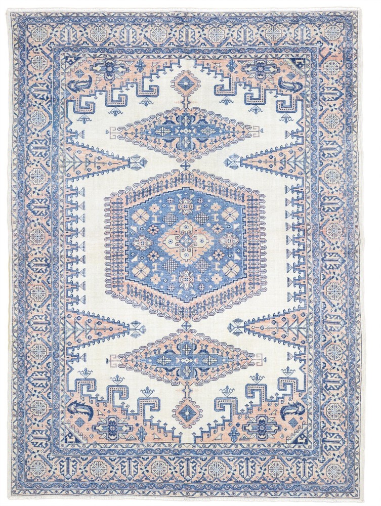 Coastal Boho Rug 8.1x10.10 ft – Blue Peach – Soft Mediterranean Statement Carpet