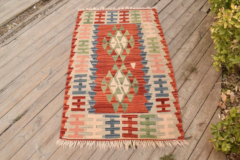 Turkish Kilim 31''x49'' Handwoven Kayseri Natural Wool 80x125cm Orange Rug 2x4 gallery