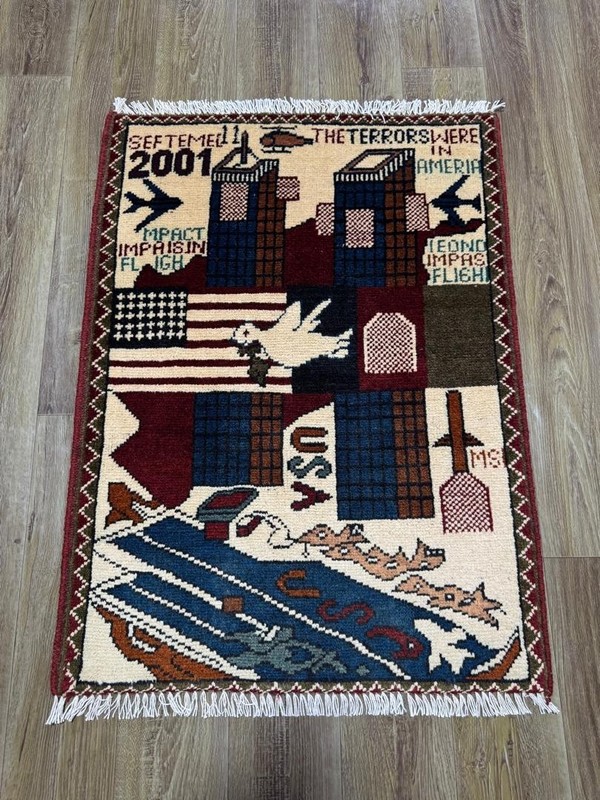 Opium, AK47, 9/11, drone, Palestine USA, Afghan war rugs, hand made carpets, s19 gallery