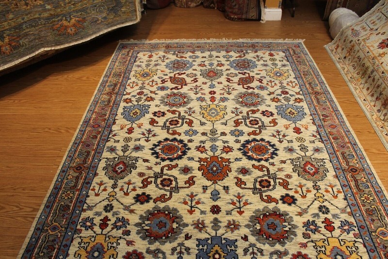 Handmade Wool rug. Beige Background, 6' x 9' red, blue, cream ivory Pm75 gallery