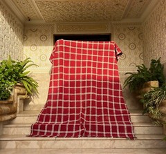 Vintage Berber Red Green Tartan Rug Large 1970s Handmade North African Christmas