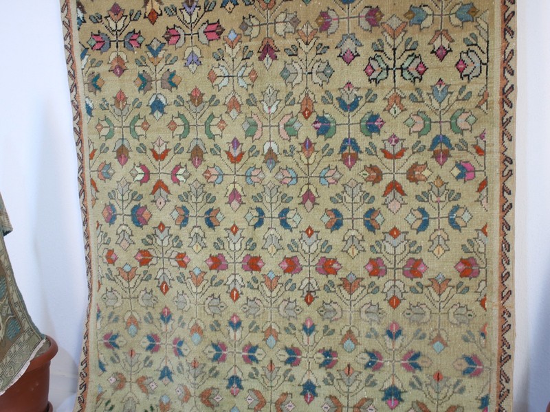 Vintage Hand Knotted Area Rug Green Beige Cream Distressed Wool Carpet 5x8 ft gallery