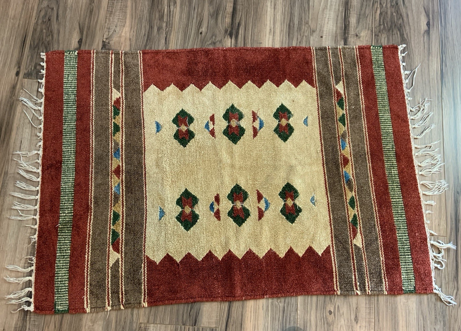 Vintage Turkish Kilim Rug 44”x27” Handwoven Wool Beautiful Colors Rust Tones gallery
