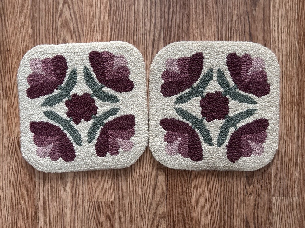 Vintage Lambs Wool Carpet Rug Squares 12"x 12" Floral Ivory Pink Set of 2
