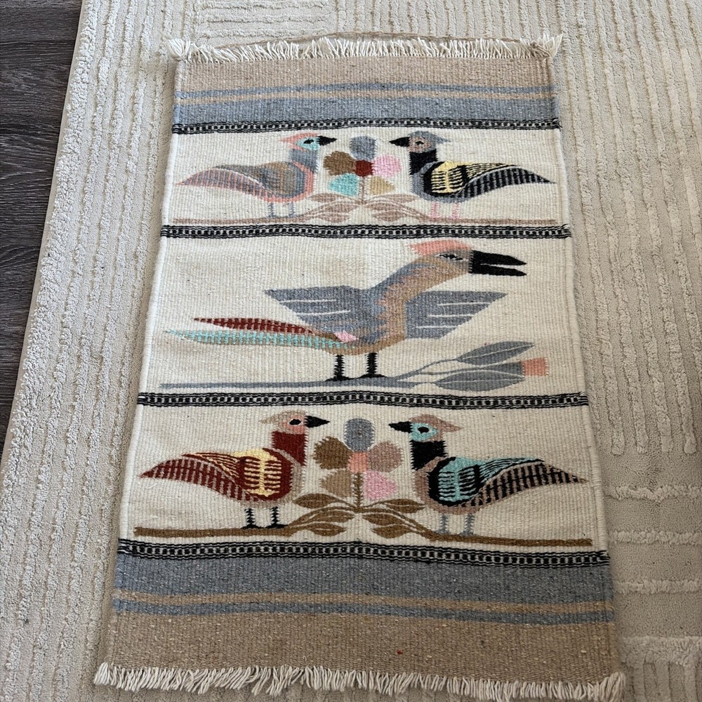 VINTAGE NORTH AMERICAN WOVEN INDIAN RUG WITH BIRD MOTIF APPROX. 28" X 18"