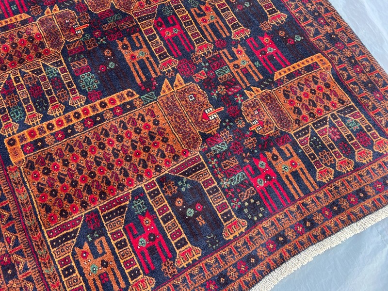 Vintage Afghan Hand-Knotted Pictorial Lion Rug, 4'2x6 ft Wool Tribal Kitchen Rug gallery