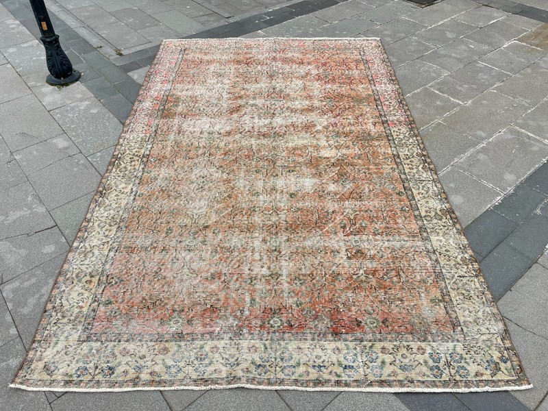 Vintage Turkish Oushak Rug 5.8x9.3 ft Distressed Beige Terracotta Wool gallery