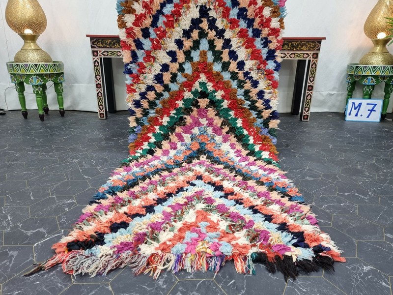 Moroccan Handmade Boucherouite Rug 2'4"x7' Berber Checkered Multicolor Carpet gallery