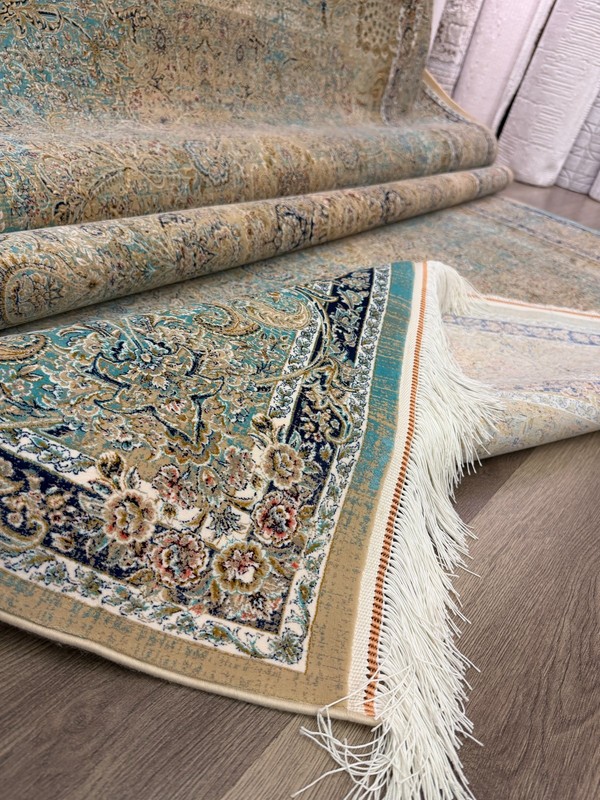 Silk Rug Machine Made Turkish Medallion Vintage Beige Blue Luxury 10x14 Ft Rug gallery