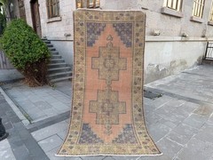Handmade Oushak Rug 4.5×8.6 Ft Peach Blue Vintage Turkish Wool Area Carpet