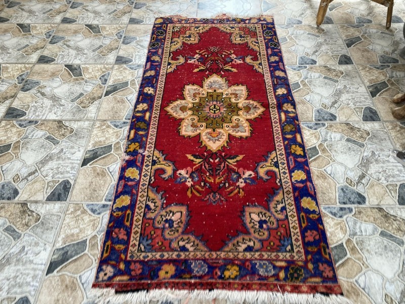 1970s Vintage Turkish Runner Rug 3x6 ft Red Hand-Knotted Wool Hallway Boho gallery