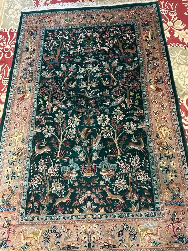 Rug 7.8x4.7 Feet Authentic Oriental Carpet Wool Silk Animal Motifs Handmade gallery