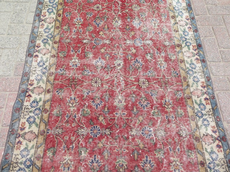 Crimson Red Vintage Distressed Turkish Carpet, Handwoven Floral Wool Rug 45"x80" gallery