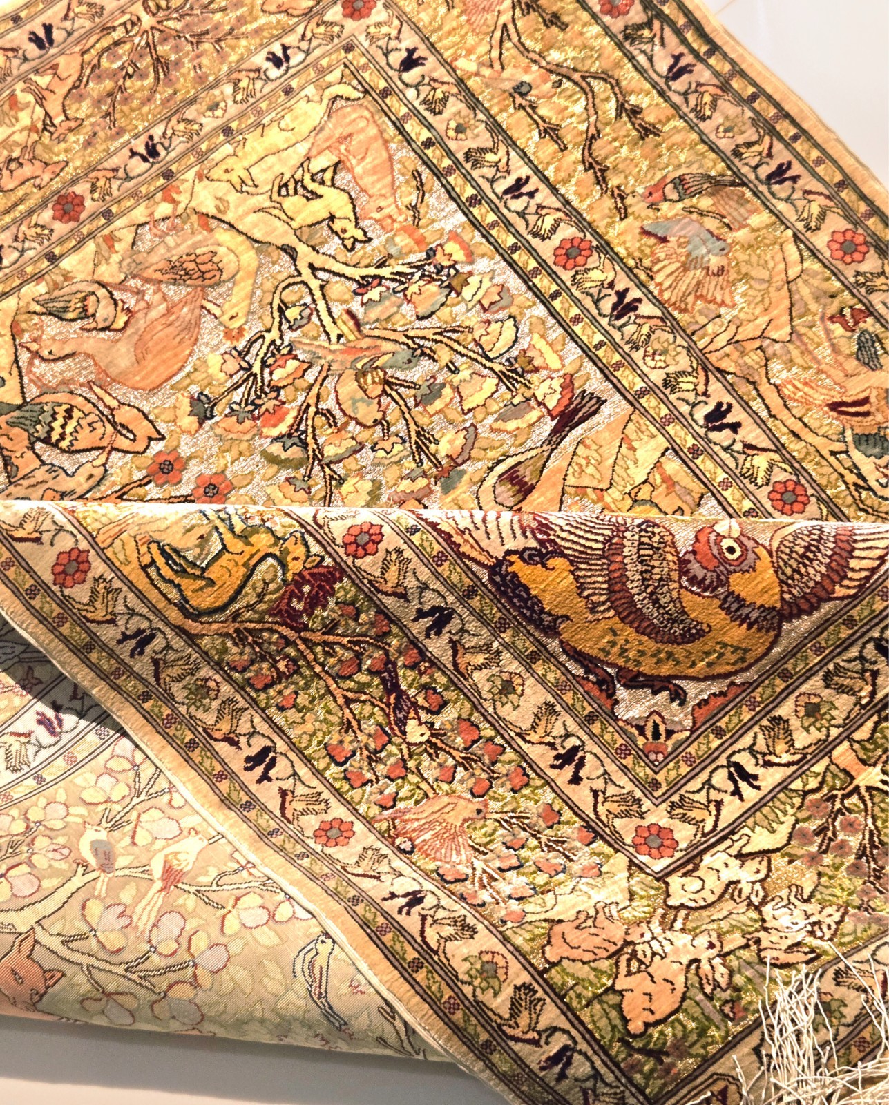 Large Antique Fine Double Knot Turkish Hereke Silk Souf Rug Metal Treads gallery