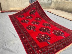 Vintage Afghan Handknotted Floral Pot Rug 6’8 x 10’5 ft Soft Wool Red Area Rug