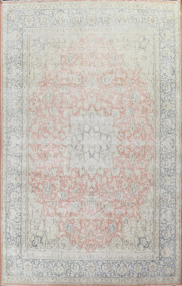 Muted Distressed Area Rug 10x12 Ft handmade Coral Wool Carpet Medallion Rug