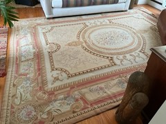 Large Vintage Needlepoint Rug 10×13 Romantic Cottage Rose Handwoven Medallion