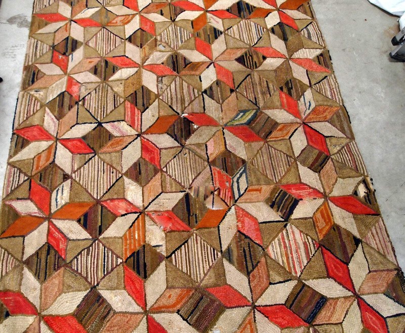 Handmade antique American Hooked geometric rug 4.8' x 7.7' (146cm x 234cm) 1900s gallery
